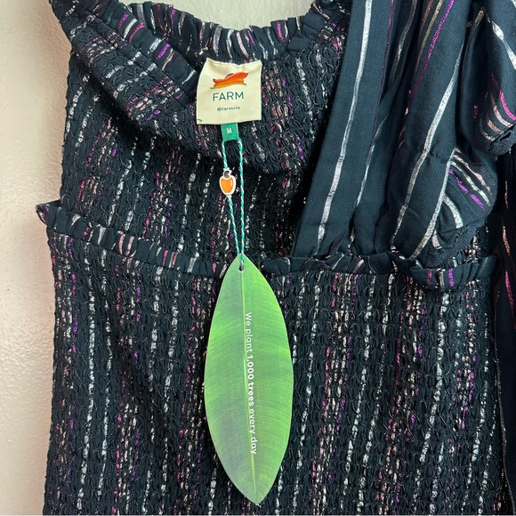 Farm Rio Lurex Stripes Mini Dress One Shoulder Statement Sleeve Sz Med - Picture 8 of 13